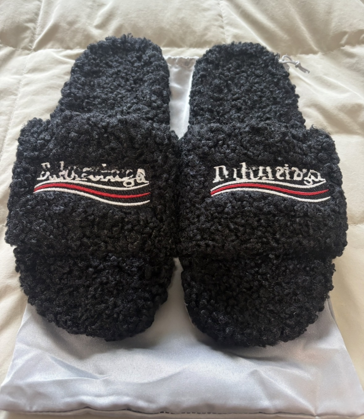 Black Fur Valenciaga Slides — plush black fur designer-style slides with embroidered detailing